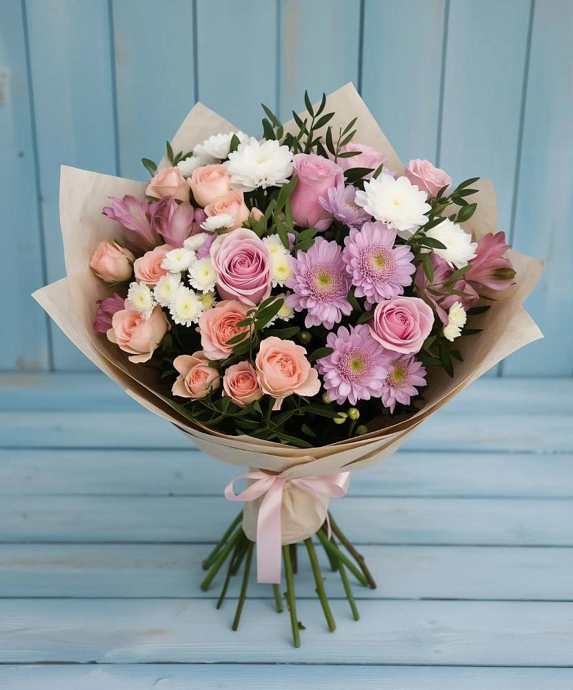 Букет цветов из: Хризантемы, Розы и Альстромерии в Жуков