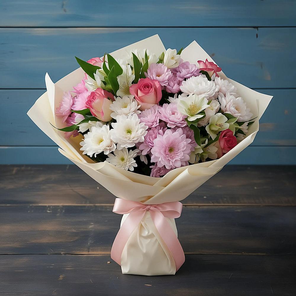 Букет цветов из: Хризантемы, Альстромерии и Розы в Жуков